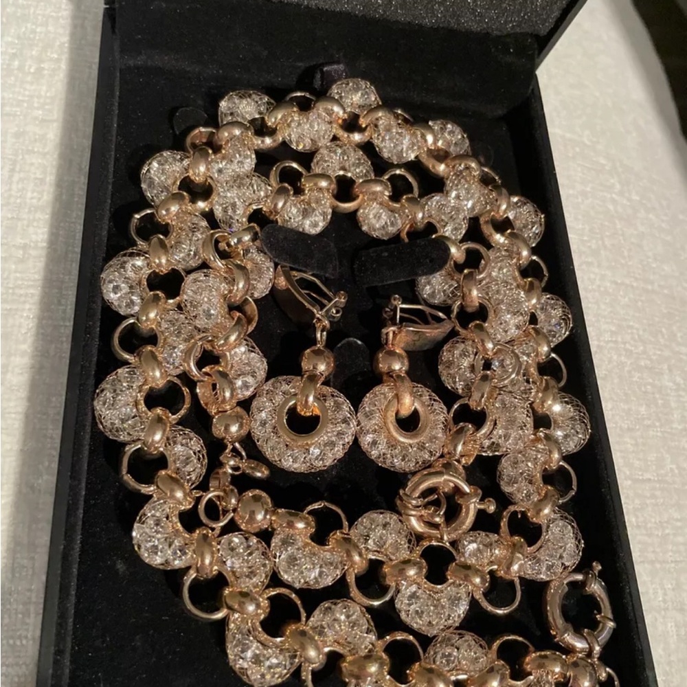 Gold Tone Mesh Jewelry Set Filled with Glass Gems: Necklace, Bracelet & Earrings